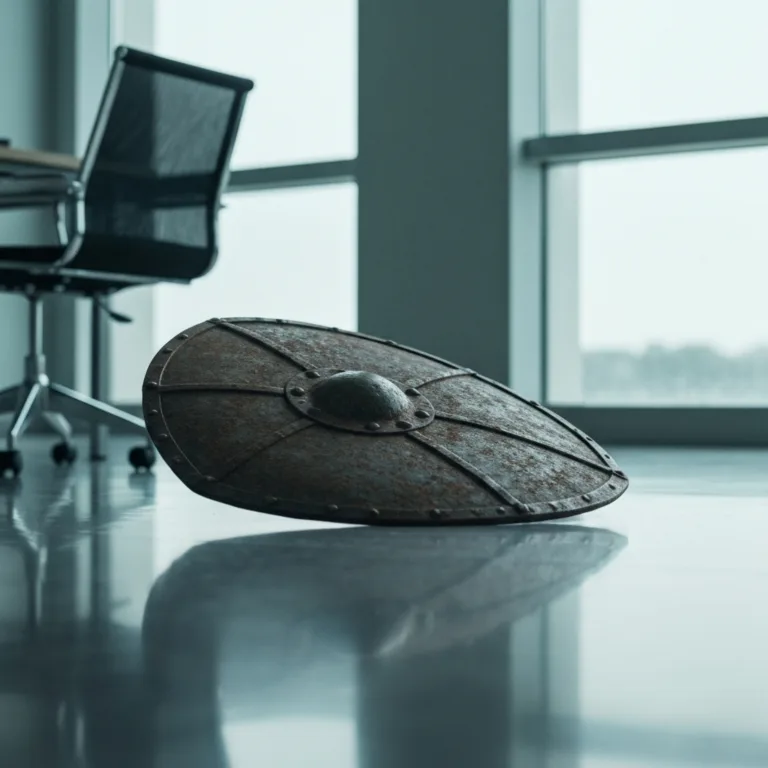 A cinematic, moody photograph of a heavy, rusted medieval shield lying abandoned on a sleek, modern office floor, soft natural light streaming through a nearby window, symbolizing the dropping of defensive apathy, high resolution, photorealistic.