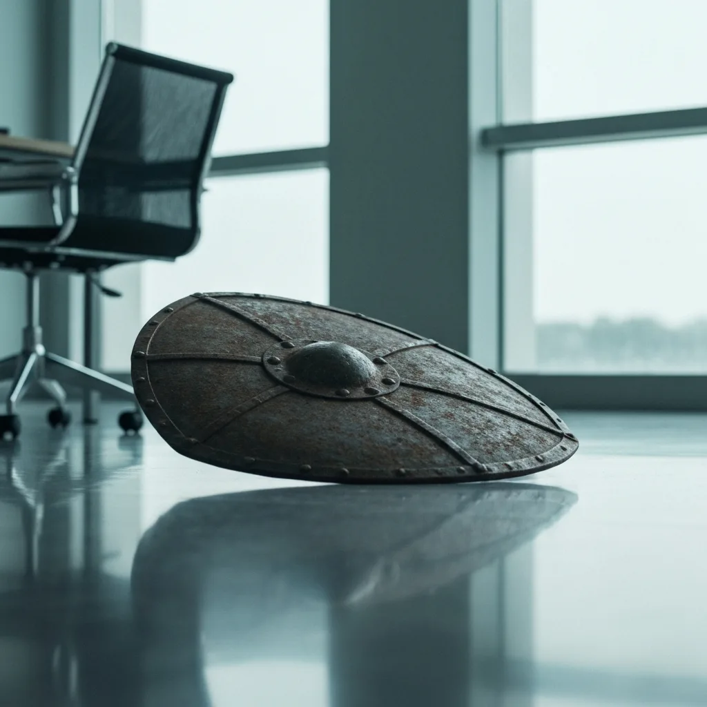 A cinematic, moody photograph of a heavy, rusted medieval shield lying abandoned on a sleek, modern office floor, soft natural light streaming through a nearby window, symbolizing the dropping of defensive apathy, high resolution, photorealistic.