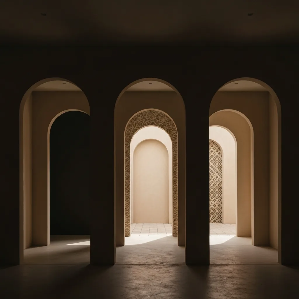 A serene, minimalist interior space with a series of distinct, softly lit archways leading from a dark, stormy room into a bright, tranquil courtyard. Represents the stages of emotional processing. Photorealistic, architectural photography, soft natural lighting, muted earth tones.