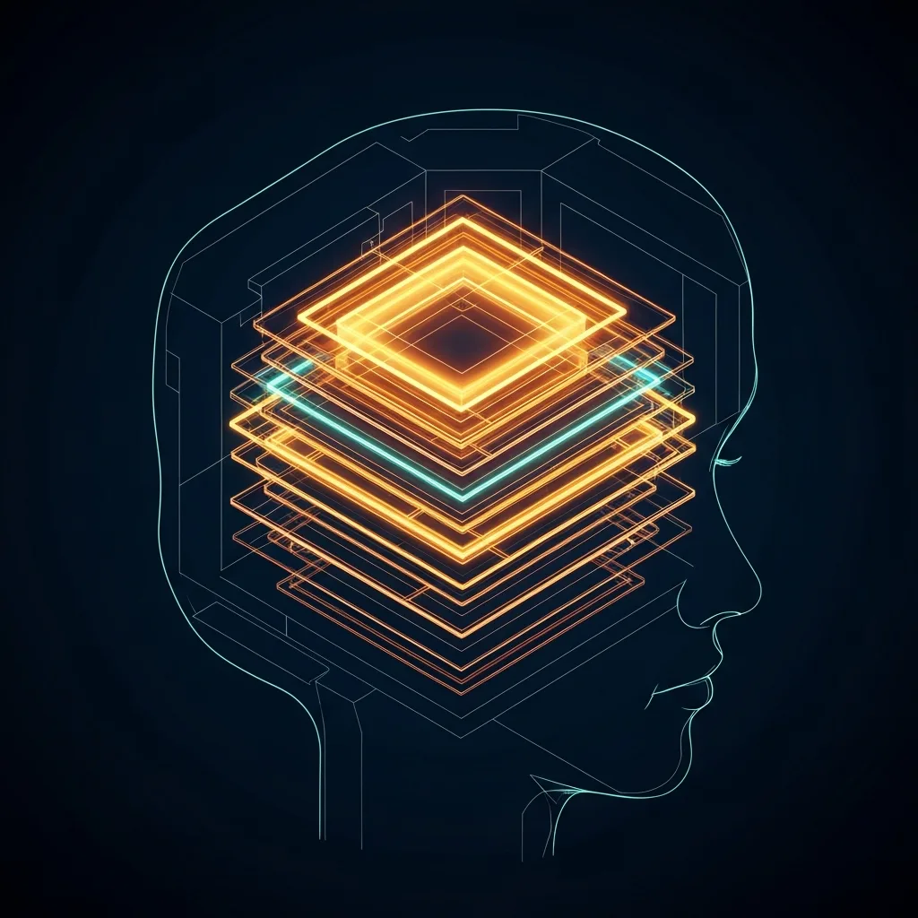 A conceptual, highly detailed illustration of a mind organizing chaotic energy into structured, glowing geometric layers, representing emotional sequencing. Clean lines, deep midnight blue background with warm amber and teal accents, architectural and psychological aesthetic, 8k resolution, cinematic lighting.