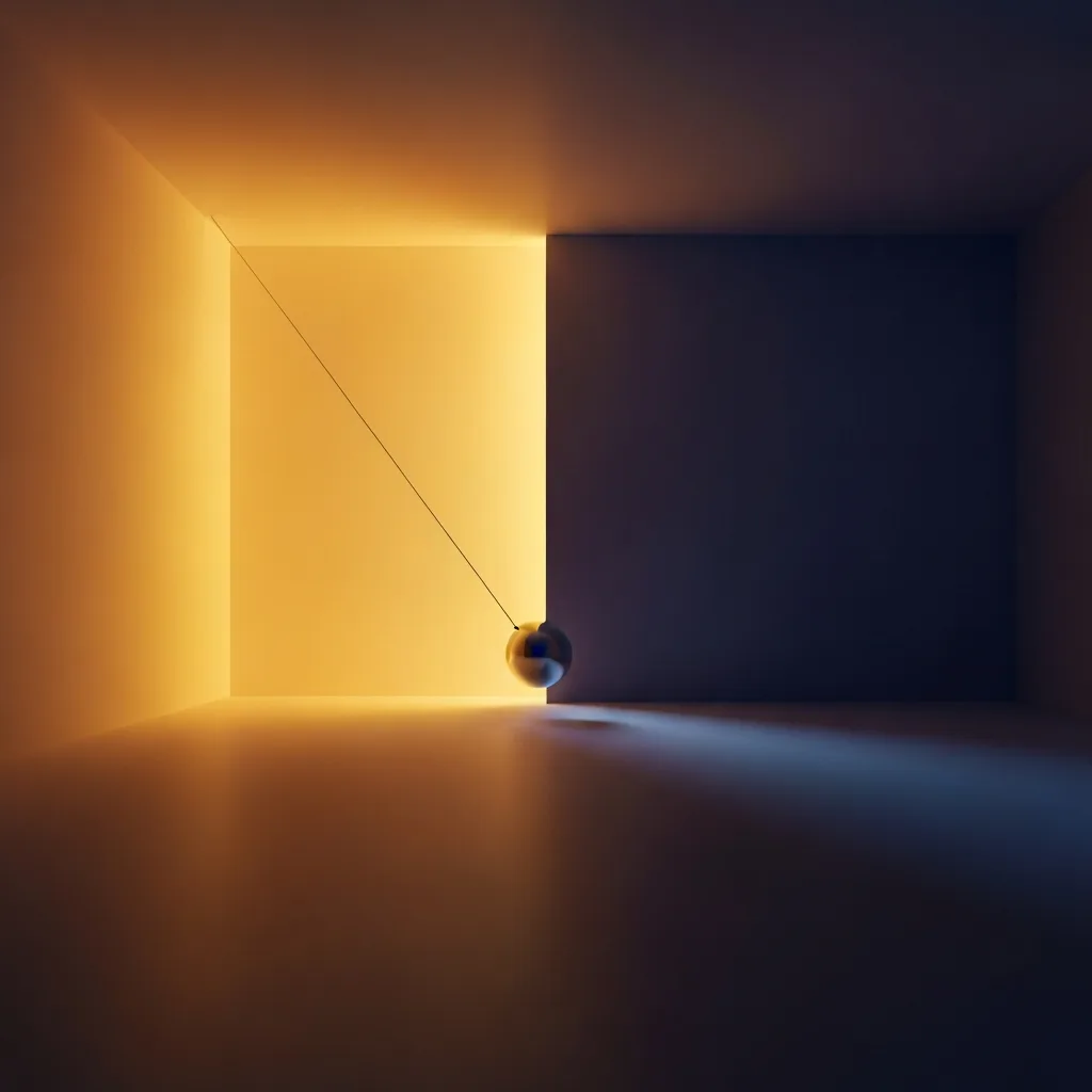 An abstract, minimalist architectural rendering of a sleek, modern pendulum swinging gently between a brightly lit, warm amber space and a shadowed, cool indigo space. The image represents the psychological concept of pendulation and emotional balance. High resolution, 8k, photorealistic.