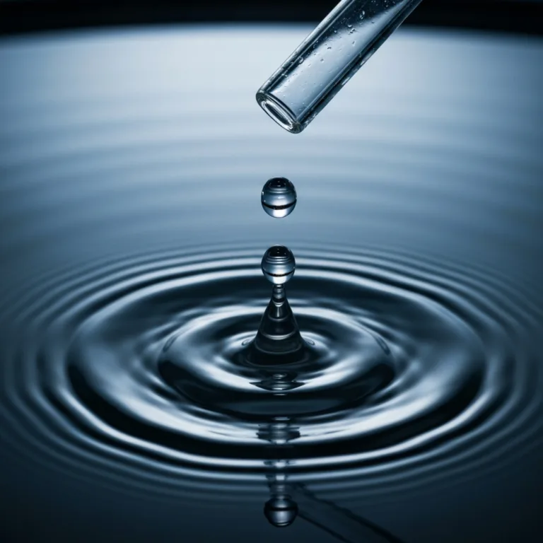 A macro photography shot of a single, perfectly formed water drop falling from a glass burette into a calm, dark pool, creating precise concentric ripples. The lighting is moody and cinematic, emphasizing the concept of slow, measured emotional processing. Soft deep blue and silver color palette.