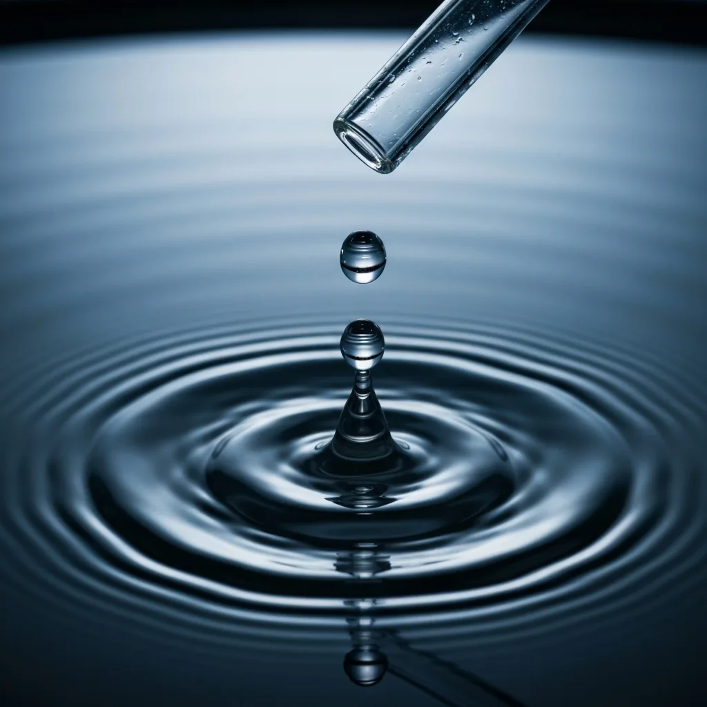 A macro photography shot of a single, perfectly formed water drop falling from a glass burette into a calm, dark pool, creating precise concentric ripples. The lighting is moody and cinematic, emphasizing the concept of slow, measured emotional processing. Soft deep blue and silver color palette.