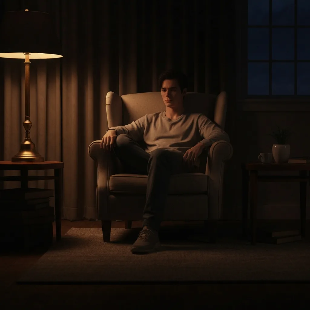 A cinematic, atmospheric photograph of a person sitting quietly in a modern, dimly lit room, looking at a series of floating, translucent clocks or calendars that fade into the distance. This represents temporal distancing and the passage of time. Warm amber lighting contrasting with cool shadow, hyper-realistic, 8k resolution.