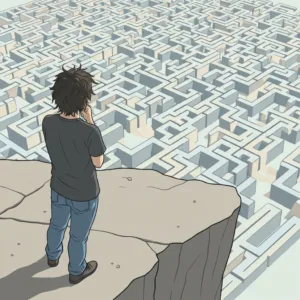 A minimalist, conceptual illustration showing a person standing on a cliff, looking down at a complex, tangled maze below them. The maze represents emotional chaos, while the high vantage point represents spatial distancing and clarity. Soft, muted tones of slate blue, sage green, and warm grey. Clean lines, vector art style, highly detailed.
