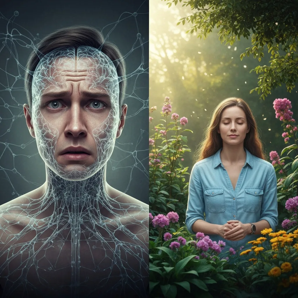 A split visual concept showing the contrast of mental states. On the left, a figure curled up in a dark, shadowy, cluttered space, representing withdrawal. On the right, the same figure sitting peacefully in a bright, minimalist, airy space with indoor plants, representing intentional solitude. Conceptual psychology illustration, soft color palette.