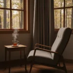 A serene, softly lit room with a comfortable reading chair next to a window overlooking a quiet forest. A steaming cup of tea rests on a small wooden table. The atmosphere is calm, grounded, and restorative, with warm natural light filtering through the leaves. High quality, photorealistic, architectural digest style.