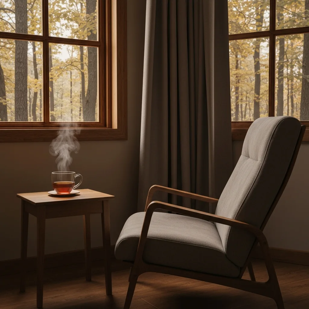 A serene, softly lit room with a comfortable reading chair next to a window overlooking a quiet forest. A steaming cup of tea rests on a small wooden table. The atmosphere is calm, grounded, and restorative, with warm natural light filtering through the leaves. High quality, photorealistic, architectural digest style.