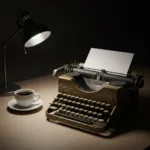 A vintage mechanical typewriter sitting on a clean, uncluttered wooden desk next to a single ceramic cup of black coffee, dramatic and moody lighting highlighting a blank sheet of paper, high resolution, cinematic atmosphere.