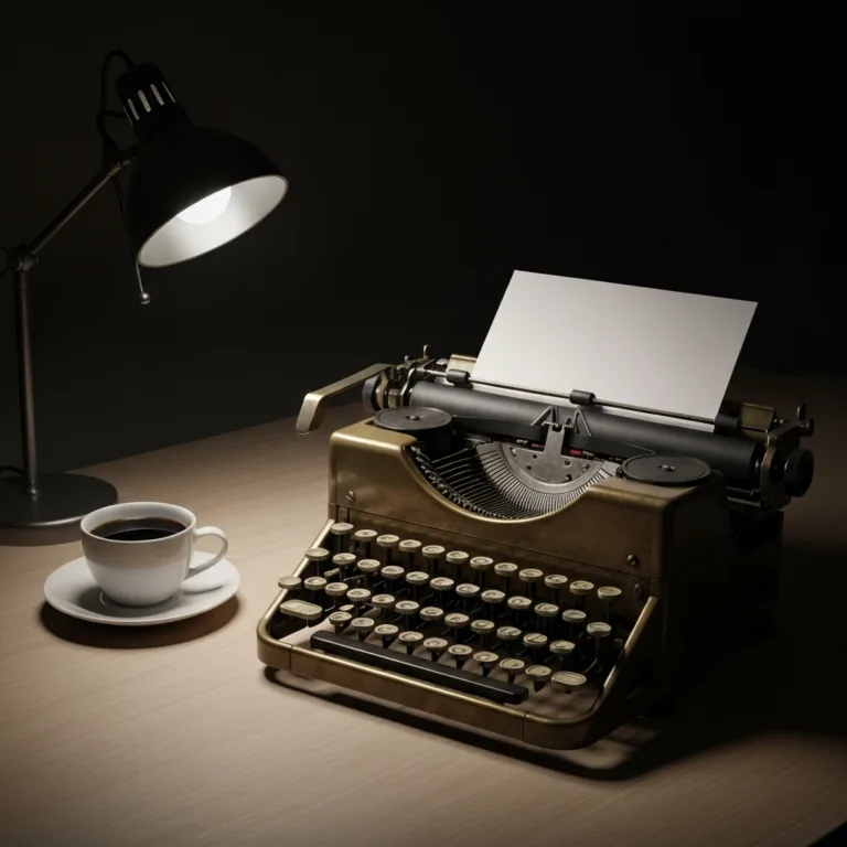 A vintage mechanical typewriter sitting on a clean, uncluttered wooden desk next to a single ceramic cup of black coffee, dramatic and moody lighting highlighting a blank sheet of paper, high resolution, cinematic atmosphere.