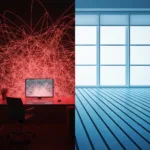 A minimalist, modern workspace showing a split screen concept. One side shows a chaotic, tangled web of glowing red lines representing stressful real-time communication; the other side shows clean, parallel, organized blue pathways representing calm asynchronous workflows. High contrast, cinematic lighting, conceptual productivity art.