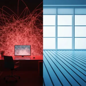 A minimalist, modern workspace showing a split screen concept. One side shows a chaotic, tangled web of glowing red lines representing stressful real-time communication; the other side shows clean, parallel, organized blue pathways representing calm asynchronous workflows. High contrast, cinematic lighting, conceptual productivity art.