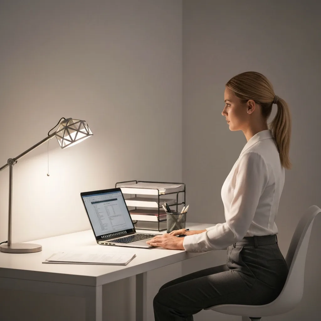 A professional workspace featuring a computer monitor displaying a sleek digital library interface. The screen shows modular blocks or glowing digital bricks snapping together to form a complete document layout. The environment is minimalist and focused, with warm ambient lighting, a cup of black coffee, and a closed notebook. High resolution, photorealistic.