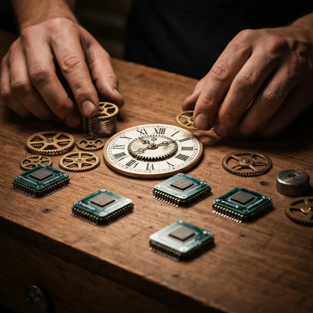 A close-up of a rustic wooden workbench scattered with various mechanical clock parts, digital microchips, and glowing abstract modules. A pair of hands is carefully selecting specific, isolated parts to build a unique, custom device. Warm, moody lighting, highly detailed, macro photography style.