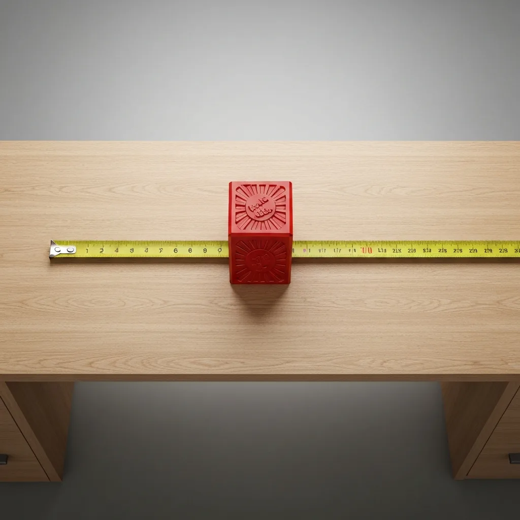 A top-down view of a stark, highly organized wooden desk. A bright red, heavy metallic block sits firmly at the end of a physical timeline made of a yellow measuring tape, symbolizing a structural 'hard stop'. Cinematic lighting, sharp focus, hyper-realistic.