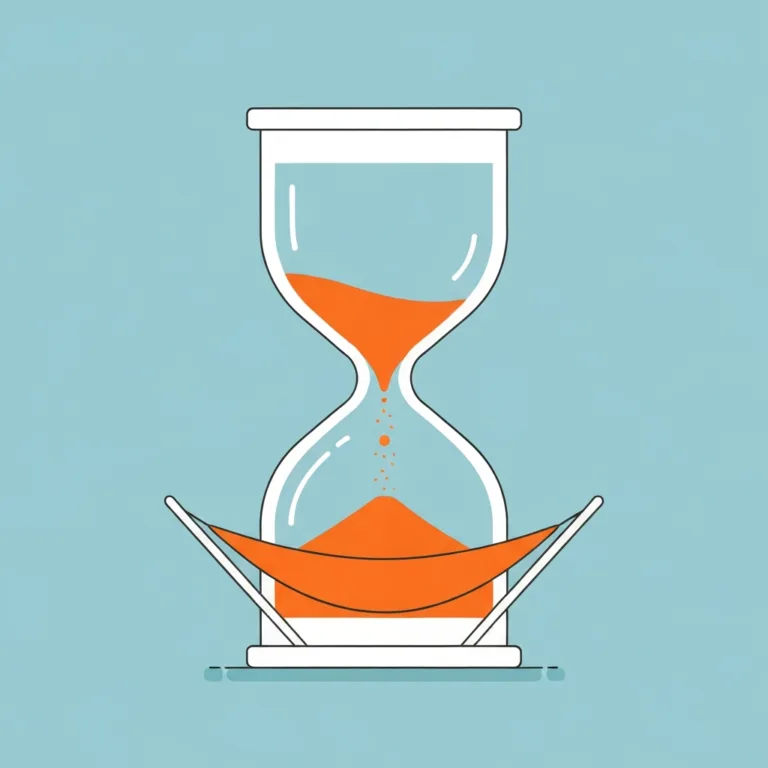 A minimalist, conceptual illustration showing a ticking hourglass where the falling sand is expanding into a comfortable, soft hammock at the bottom, symbolizing time buffers turning into procrastination. Clean lines, muted corporate color palette with a pop of bright orange, modern editorial illustration style.