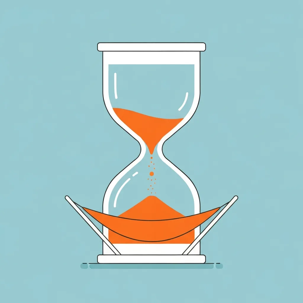 A minimalist, conceptual illustration showing a ticking hourglass where the falling sand is expanding into a comfortable, soft hammock at the bottom, symbolizing time buffers turning into procrastination. Clean lines, muted corporate color palette with a pop of bright orange, modern editorial illustration style.