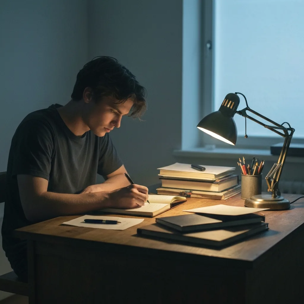 A minimalist, moody photograph of a person sitting alone at a cluttered desk in the early hours of the morning, illuminated only by the glow of a desk lamp, focused entirely on writing in a notebook, representing the quiet, unglamorous 'Shadow Phase' of execution.