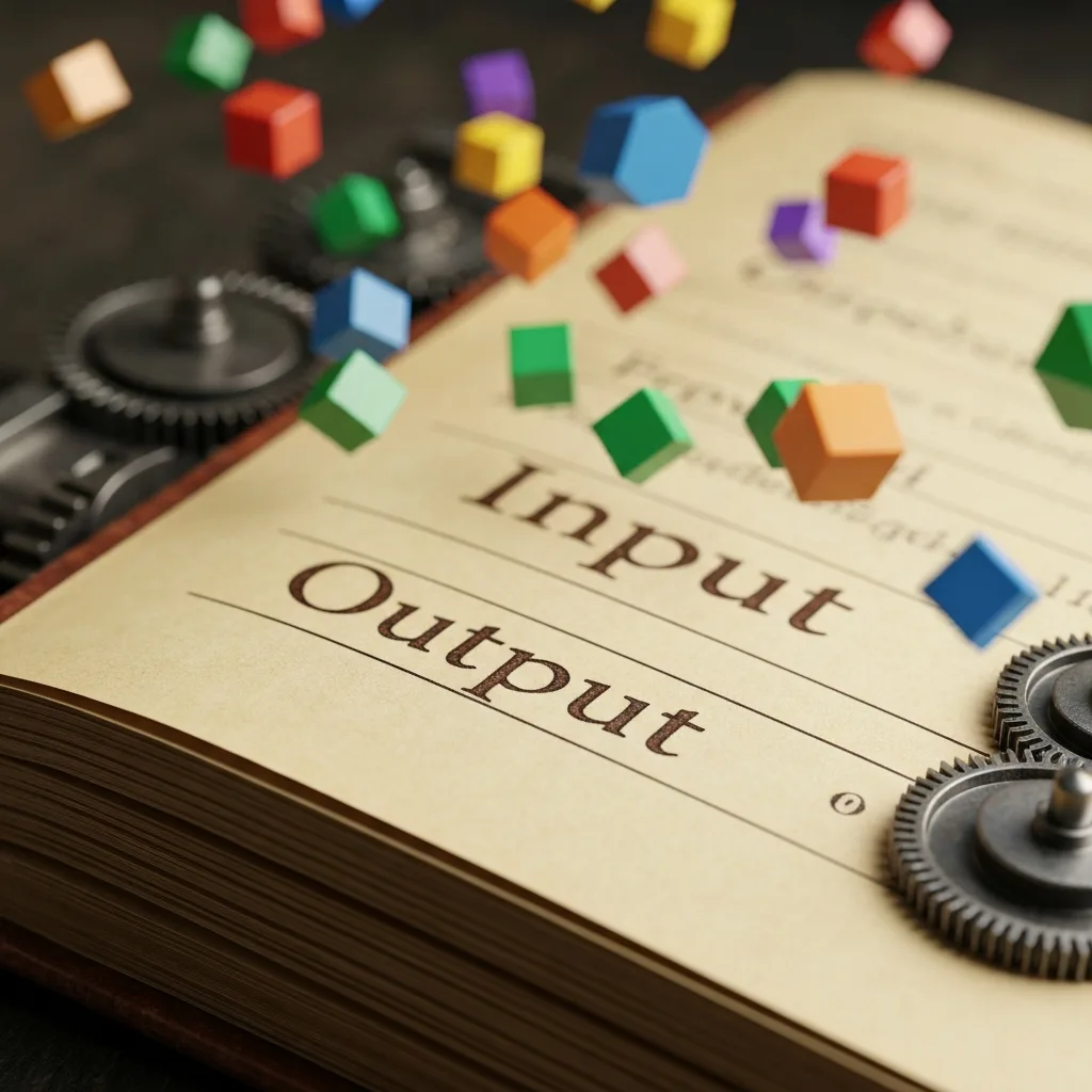 A close-up of a vintage mechanical ledger book with the words 'Input' and 'Output' sharply in focus, while the background blurs into abstract, chaotic, floating geometric shapes representing probabilistic outcomes. Macro photography, moody lighting.