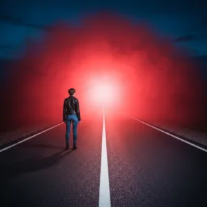 A lone figure standing at the edge of a perfectly paved, brightly lit road that abruptly transitions into a thick, mysterious, glowing mist. Cinematic lighting, conceptual photography, high contrast between the safe path and the unknown.