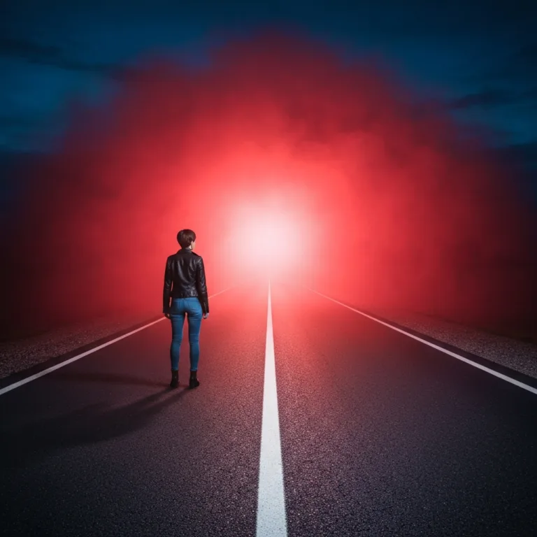 A lone figure standing at the edge of a perfectly paved, brightly lit road that abruptly transitions into a thick, mysterious, glowing mist. Cinematic lighting, conceptual photography, high contrast between the safe path and the unknown.
