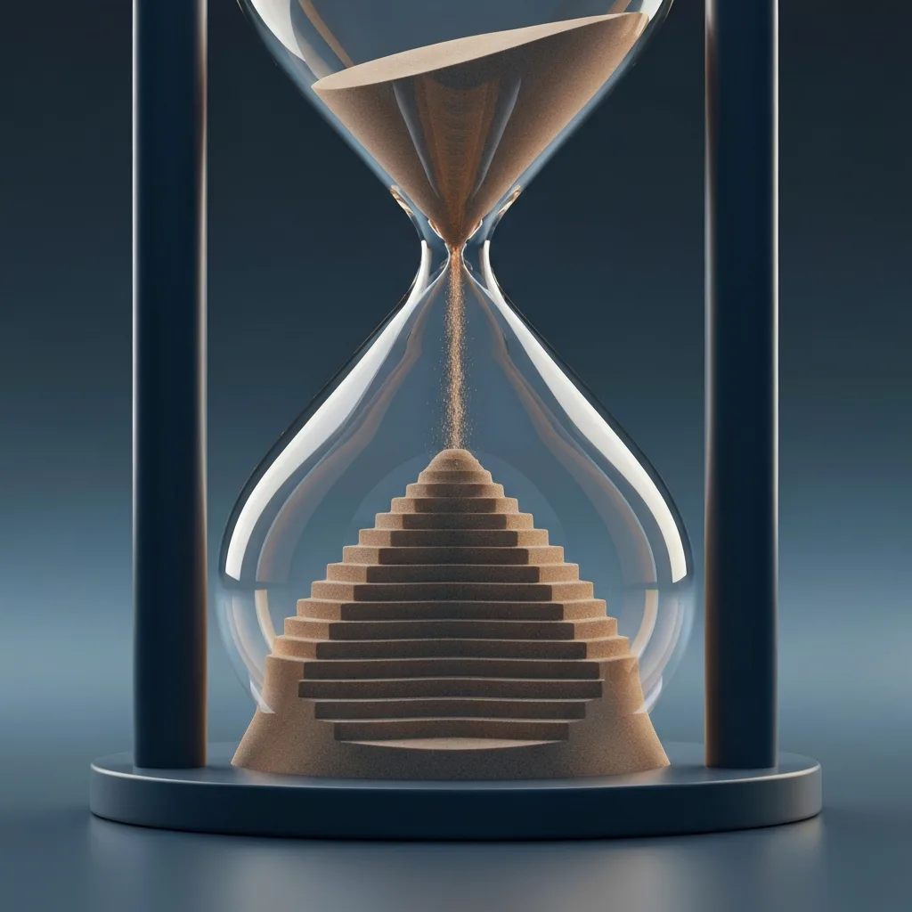 A stylized hourglass where the sand falling forms a solid, stepping-stone staircase at the bottom, representing time-bound pledges building a strong foundation. Sleek, modern 3D render with a muted color palette of deep blues and warm amber.