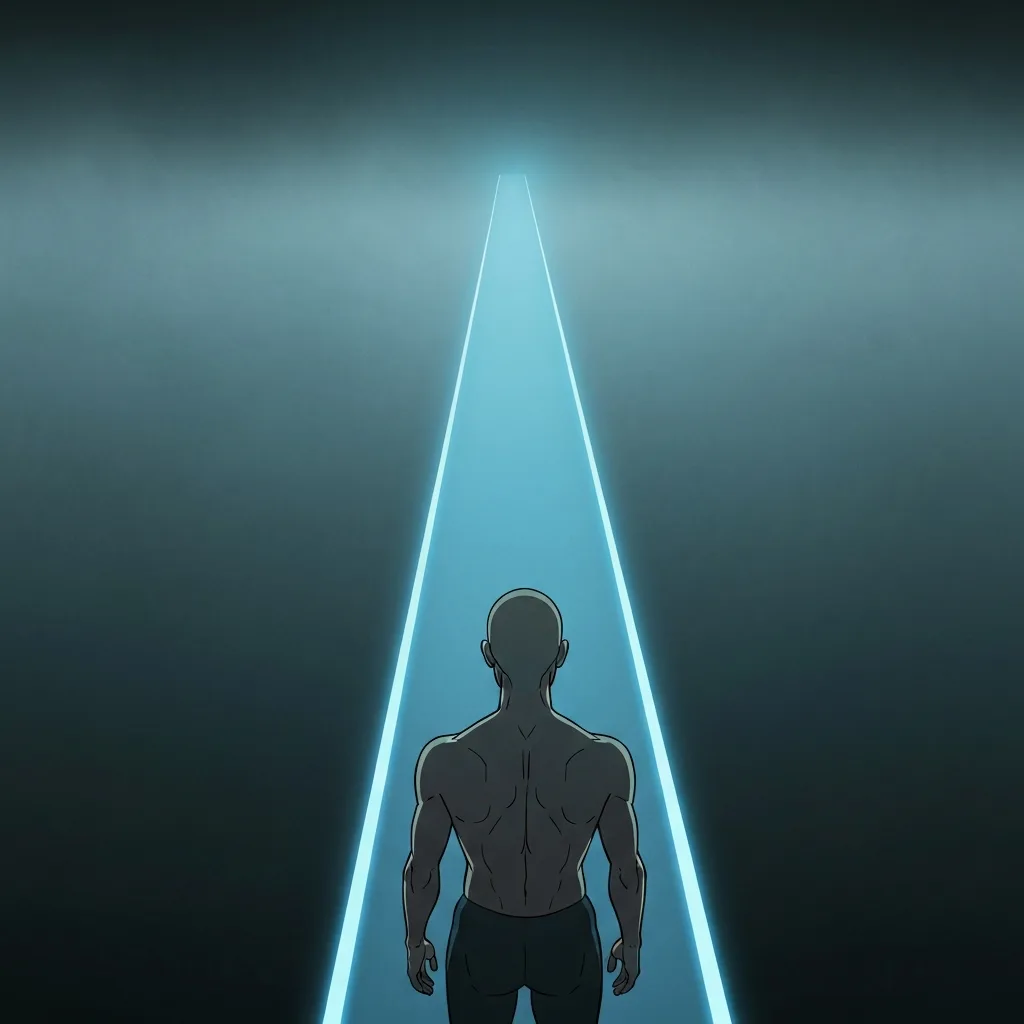 A conceptual, minimalist illustration showing a person standing at the edge of a clearly defined, glowing pathway that extends just a few meters ahead into a soft mist, symbolizing a short-term commitment horizon. Cinematic lighting, moody atmosphere, high contrast.