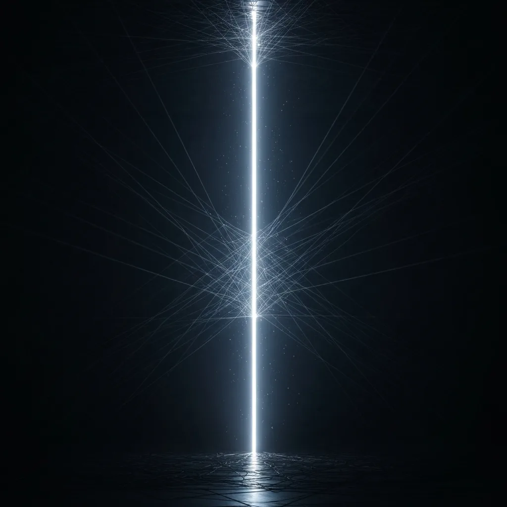An abstract visual representation of productivity. One straight, bright, unobstructed beam of light piercing through a dark room, contrasting with a tangled, chaotic web of dim, intersecting laser beams in the background. High tech, elegant, 8k resolution.