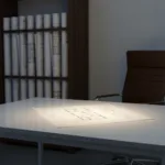 A minimalist workspace featuring a single, sharply focused glowing blueprint on a desk, while several other blueprints are neatly rolled up and placed in a dark wooden rack in the background. Cinematic lighting, photorealistic, high contrast.