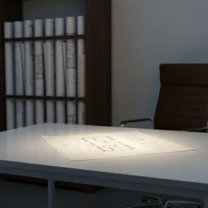 A minimalist workspace featuring a single, sharply focused glowing blueprint on a desk, while several other blueprints are neatly rolled up and placed in a dark wooden rack in the background. Cinematic lighting, photorealistic, high contrast.