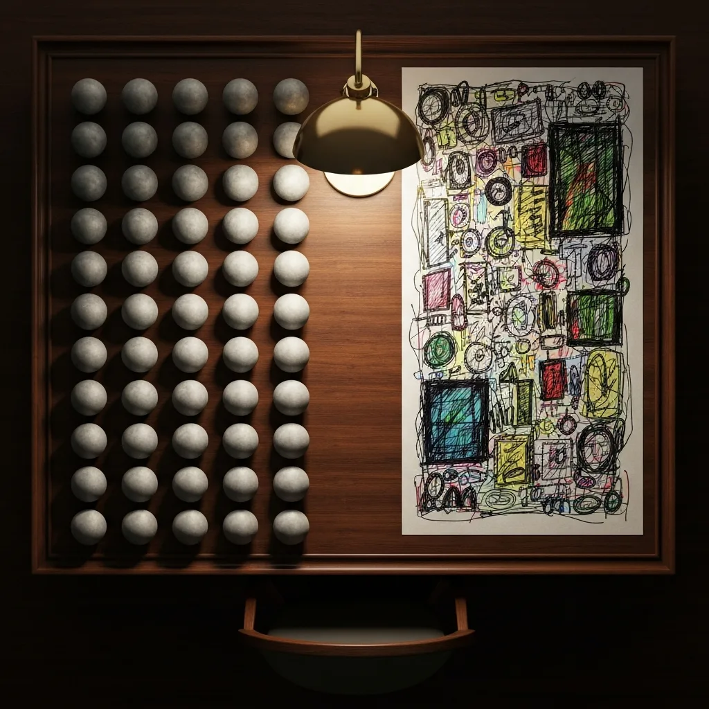 A top-down view of a sleek wooden desk. On one side, a messy, highly creative sketch with bold lines and unique, vibrant shapes. On the other side, a series of identical, perfectly round, dull gray spheres. Visual metaphor for original thinking versus conformity and design by committee. Cinematic lighting.
