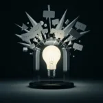 A minimalist, high-contrast illustration of a single glowing lightbulb inside a thick glass cloche, shielding it from a chaotic storm of sharp geometric shapes and speech bubbles outside. Corporate or modern workspace aesthetic, dramatic lighting, conveying the concept of protecting fragile ideas.