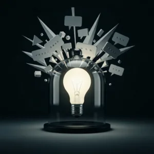 A minimalist, high-contrast illustration of a single glowing lightbulb inside a thick glass cloche, shielding it from a chaotic storm of sharp geometric shapes and speech bubbles outside. Corporate or modern workspace aesthetic, dramatic lighting, conveying the concept of protecting fragile ideas.