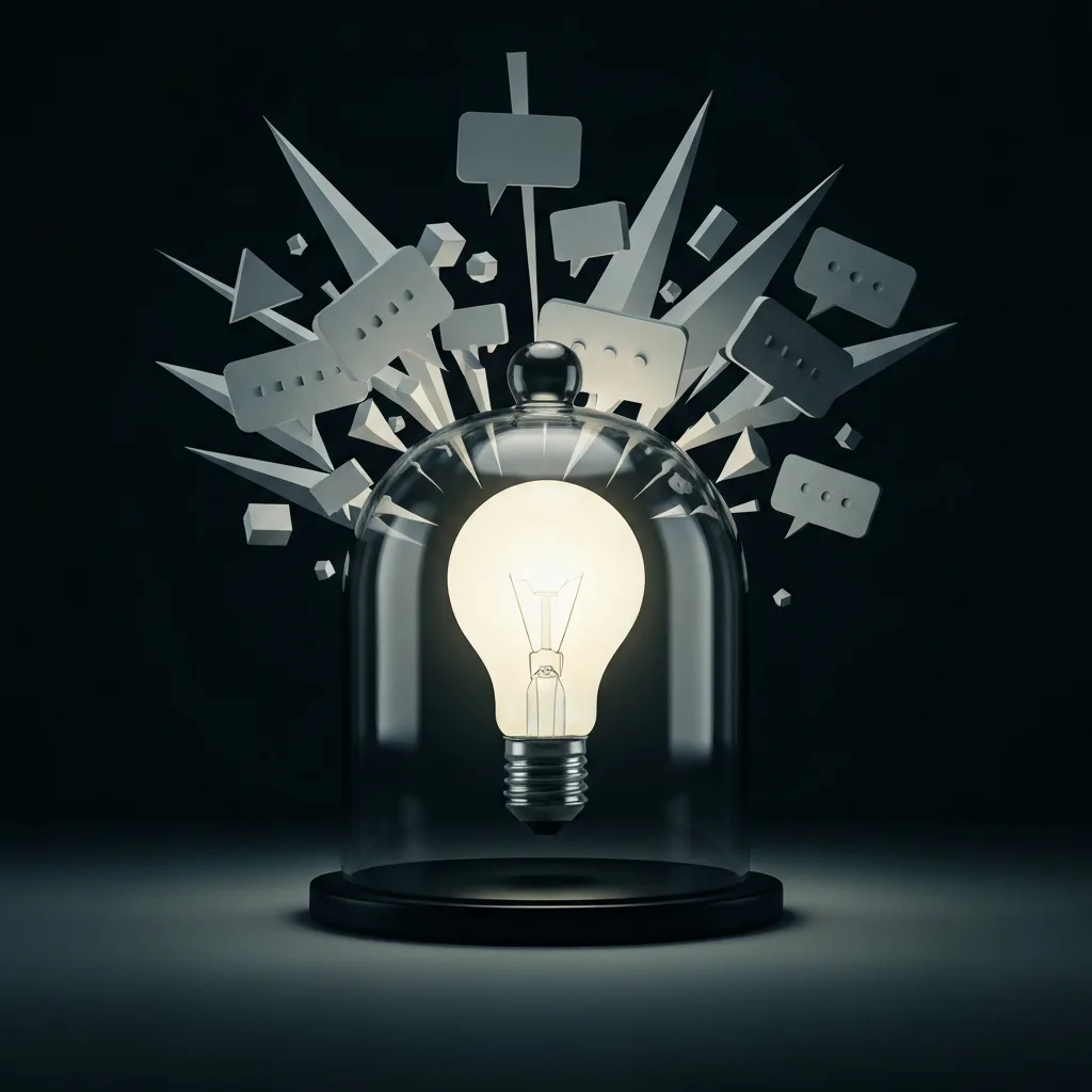 A minimalist, high-contrast illustration of a single glowing lightbulb inside a thick glass cloche, shielding it from a chaotic storm of sharp geometric shapes and speech bubbles outside. Corporate or modern workspace aesthetic, dramatic lighting, conveying the concept of protecting fragile ideas.
