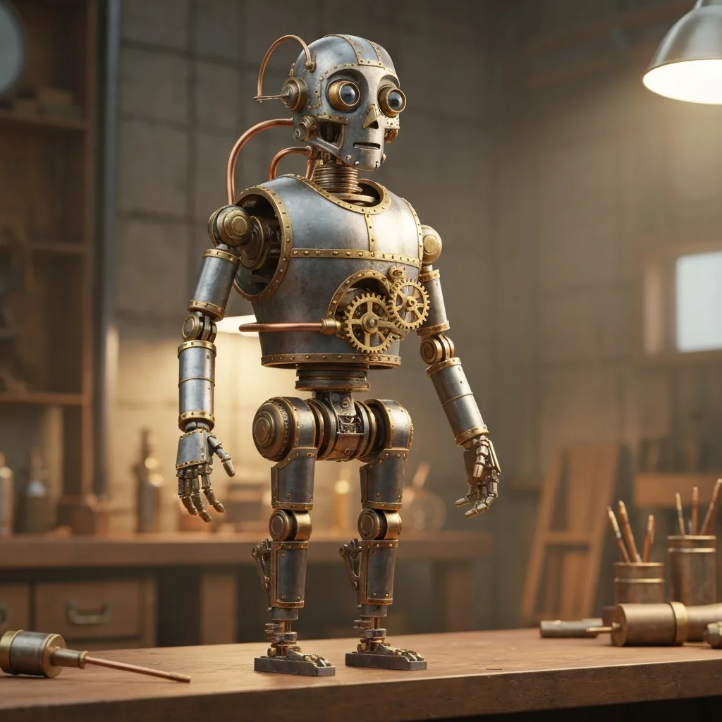 A close-up of a vintage computer terminal glowing with green code in a dark, cluttered hacker's den. Cables and wires hang from the ceiling, and various cybernetic mechanical parts are scattered across a wooden desk. Atmospheric, moody lighting, retro-futurism, photorealistic.