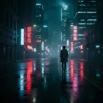 A gritty, rain-slicked city street at night in a futuristic metropolis, illuminated by vibrant neon signs reflecting in puddles. Towering skyscrapers belonging to mega-corporations loom in the background, shrouded in smog, while a solitary figure in a trench coat walks away into the shadows. Cinematic lighting, highly detailed, cyberpunk aesthetic.