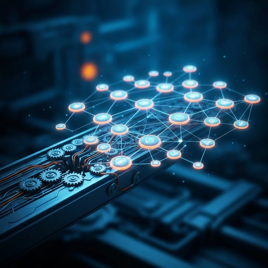 A conceptual illustration showing a broken assembly line morphing into a network of glowing, interconnected nodes. The nodes are independent but part of a larger system, symbolizing modular knowledge work. The color palette is composed of deep blues and vibrant neon orange accents.