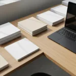 A top-down view of a modern, organized wooden desk. On the desk, there are multiple separate stacks of neatly arranged paper and a sleek laptop, visually representing parallel workflows. The lighting is natural and bright, casting soft shadows, conveying a sense of calm control and efficiency.
