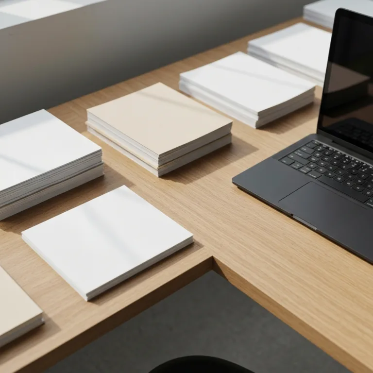 A top-down view of a modern, organized wooden desk. On the desk, there are multiple separate stacks of neatly arranged paper and a sleek laptop, visually representing parallel workflows. The lighting is natural and bright, casting soft shadows, conveying a sense of calm control and efficiency.
