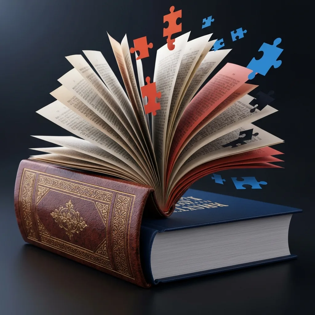 A close-up of a vintage leather-bound book morphing into a modern, sleek thriller novel. The pages are flying out and turning into abstract shapes like puzzle pieces and shadows, representing the complex psychology of modern characters. Cinematic lighting, conceptual art.