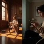 A split-screen illustration showing a classic 19th-century youth walking down a sunlit, cobblestone path toward a bright city on the left, and a shadowy, modern silhouette of a person standing in a dimly lit, fractured hallway with broken mirrors on the right. Vintage versus modern literary themes, highly detailed, moody lighting.