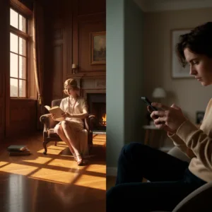 A split-screen illustration showing a classic 19th-century youth walking down a sunlit, cobblestone path toward a bright city on the left, and a shadowy, modern silhouette of a person standing in a dimly lit, fractured hallway with broken mirrors on the right. Vintage versus modern literary themes, highly detailed, moody lighting.