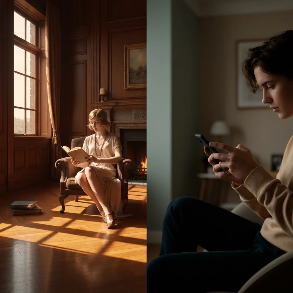 A split-screen illustration showing a classic 19th-century youth walking down a sunlit, cobblestone path toward a bright city on the left, and a shadowy, modern silhouette of a person standing in a dimly lit, fractured hallway with broken mirrors on the right. Vintage versus modern literary themes, highly detailed, moody lighting.