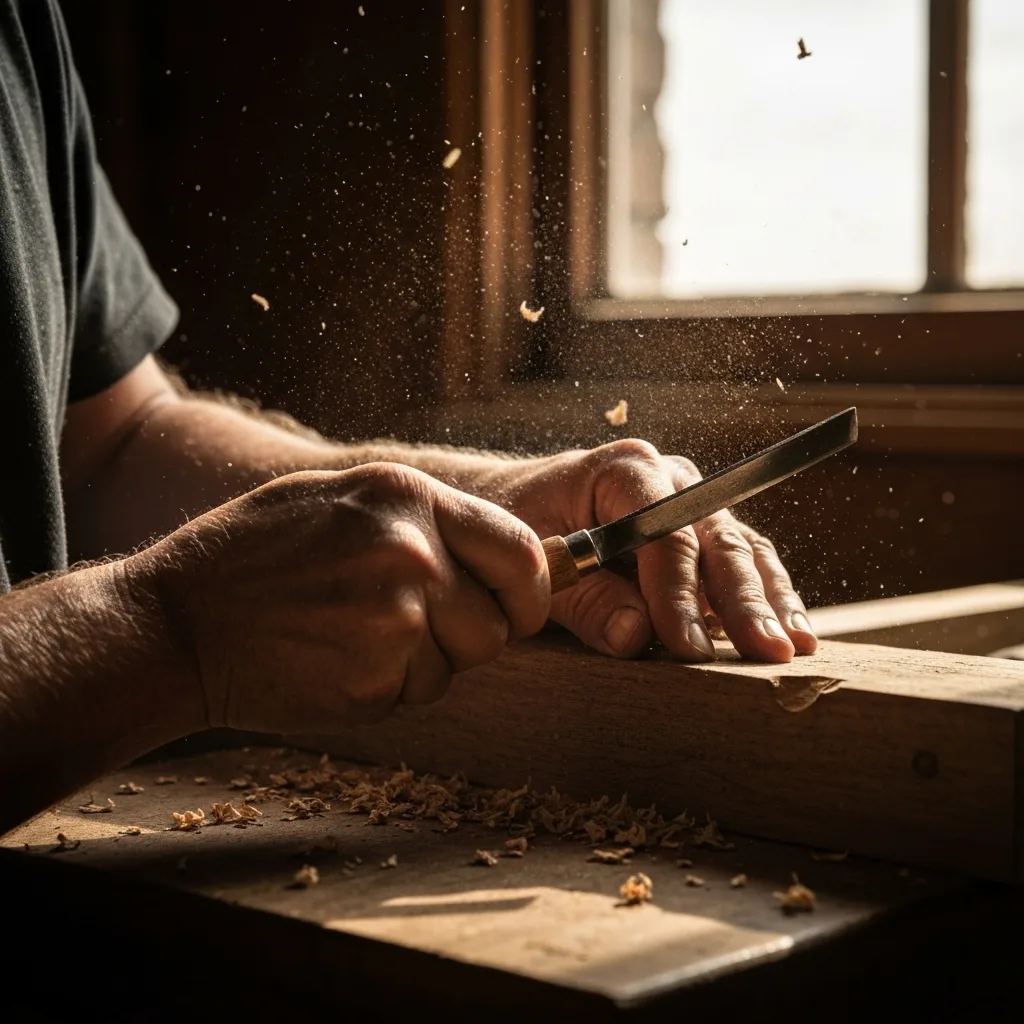 Cinematic close-up photography of a person's hands carving a piece of dense wood with traditional hand tools. Sawdust is flying in mid-air. The hands show intense effort and grip, representing 'productive friction' and desirable difficulty. Warm, natural sunlight streaming from a side window, high contrast.