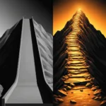 A conceptual minimalist vector illustration contrasting two paths: on the left, a smooth, completely flat, dull grey slide leading nowhere; on the right, a rugged, highly textured, geometric mountain path glowing with warm amber light leading upward to a peak. Dramatic lighting, deep shadows.
