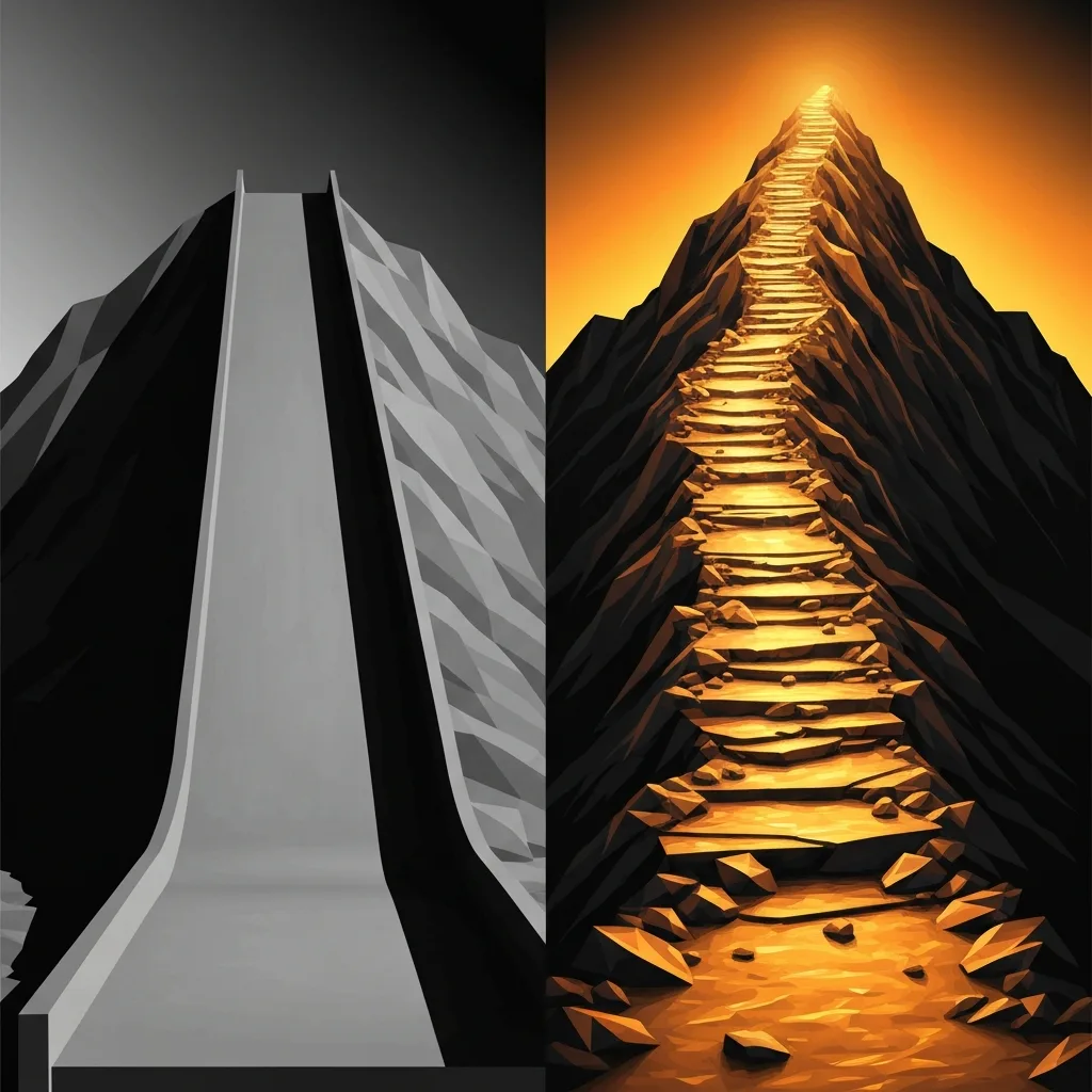 A conceptual minimalist vector illustration contrasting two paths: on the left, a smooth, completely flat, dull grey slide leading nowhere; on the right, a rugged, highly textured, geometric mountain path glowing with warm amber light leading upward to a peak. Dramatic lighting, deep shadows.