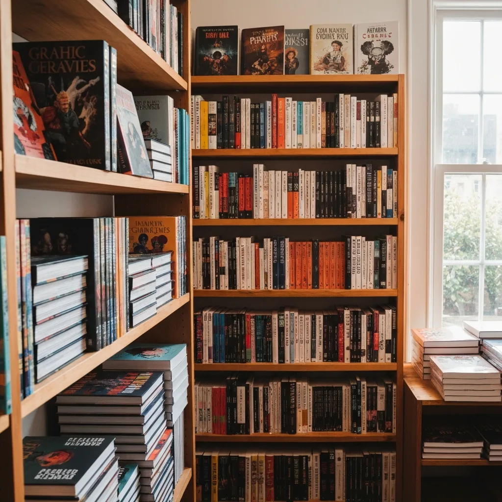 A cozy, aesthetically pleasing independent bookstore aisle dedicated entirely to graphic novels. Stacks of thick, colorful hardcover sequential art books are neatly displayed on wooden shelves. Soft natural light streams through a nearby window, illuminating the textured, artistic covers.