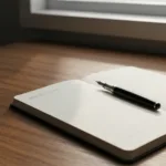 A beautifully organized wooden desk with a notebook left open. A fountain pen rests exactly halfway down the page, pointing towards the next blank line. Soft morning light streams through a nearby window, illuminating the unfinished page, symbolizing readiness and anticipation. Minimalist, cinematic lighting, high resolution.
