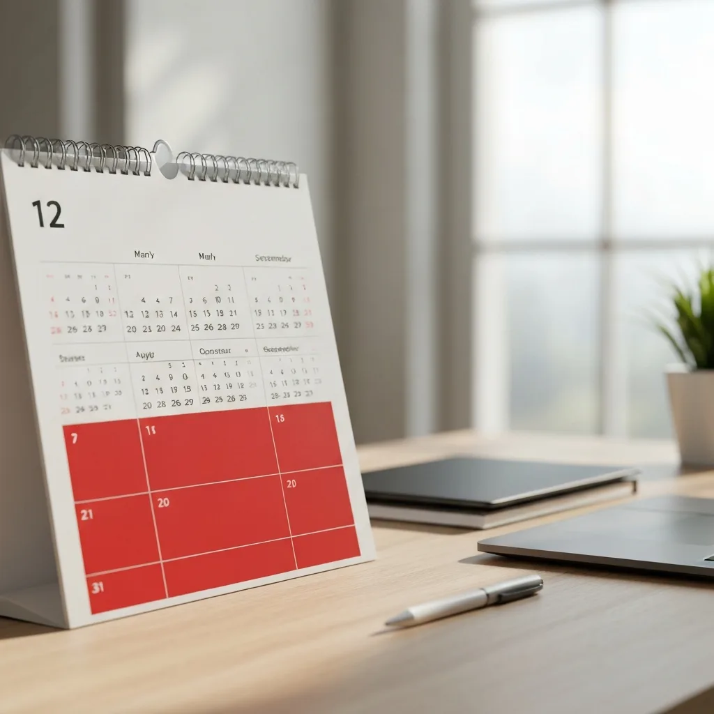 A minimalist desk setup with a stark white 12-month calendar where the distant months are heavily blurred out, focusing sharply on a vibrant red 6-week block in the foreground. Soft natural lighting, highly detailed, cinematic, conceptual productivity photography.