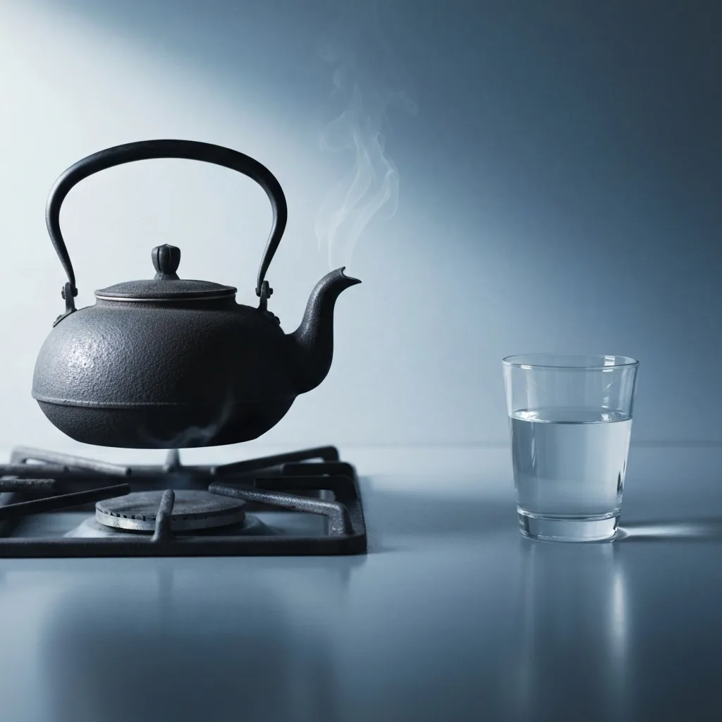 A minimalist, evocative still life representing the flawed 'pressure cooker' metaphor of emotions. An antique, cast-iron tea kettle sits on a cold, unlit stove, with a faint, almost invisible wisp of steam. Beside it, a calm, clear glass of water reflects soft, natural morning light. The mood is tranquil and grounded, using cool blue and slate tones to convey emotional settling and nervous system regulation. High-end editorial photography.